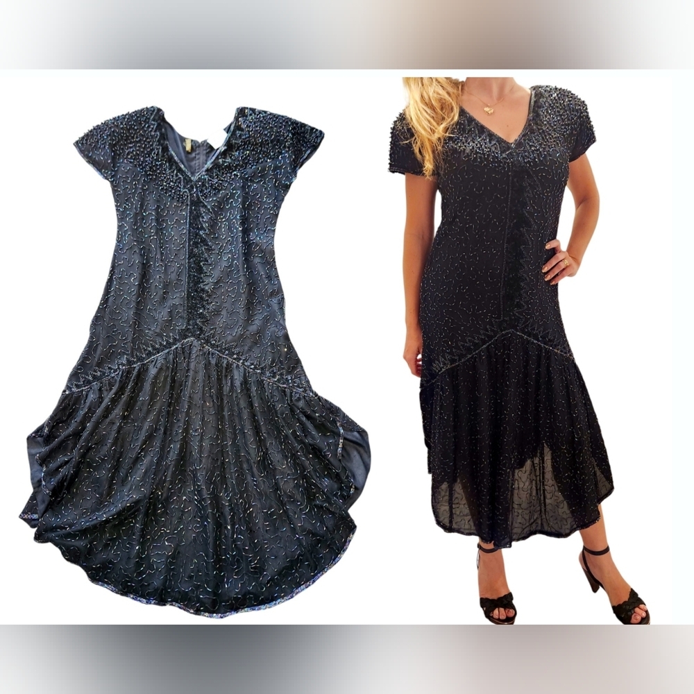 Vintage Black Asymmetric Silk Beaded Sequin Drop‎ Waist Dress Medium Whimsygoth